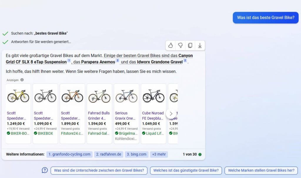 Microsoft Ede Screenshot mit einer Suche nach Gravel Bikes